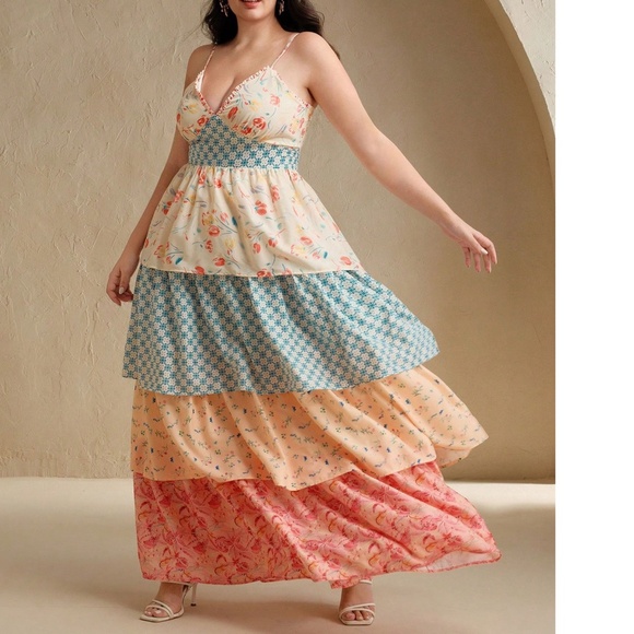 Boho Floral Print Layered Tiered Ruffle Hem Tie Back Cami maxi Dress - Picture 9 of 9